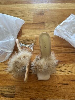 Tan Feather Slide Mules